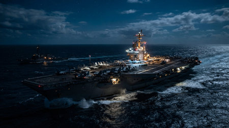 A view of a aircraft carrier at night with a starry sky.
