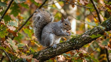 Squirrel sitting on a tree branch eating a nut in autumn forest