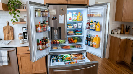 Refrigerator full of food in a modern kitchen. Refrigerator full of food.