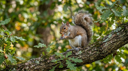 Squirrel on a tree branch eating hazelnuts in the forest
