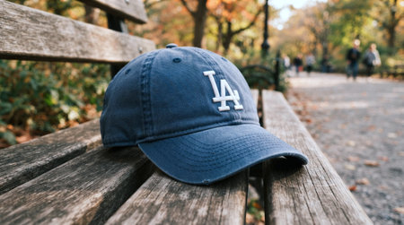 Baseball cap on a bench in a park. Selective focus.
