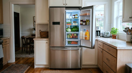 Refrigerator in modern kitchen with open door. Nobody inside.
