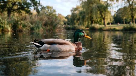Duck swimming in a lake in a park with trees in the background