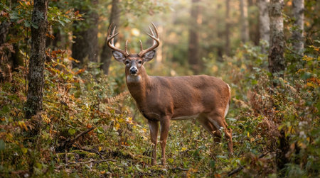 Whitetail Deer Buck standing in the woods during Autumn Fall.