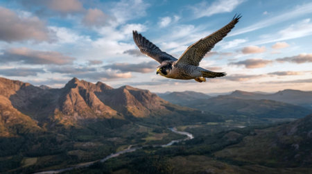 Peregrine falcon (Falco peregrinus) in flight at sunset.