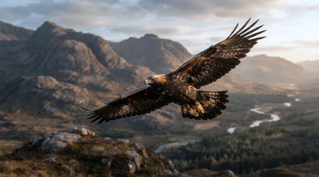 White tailed Eagle (Haliaeetus albicilla) in flight with mountains in the background