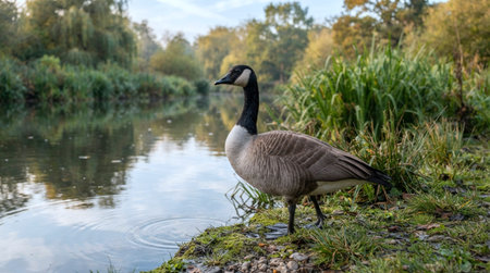 Canada Goose standing on the bank of a small river in autumn.