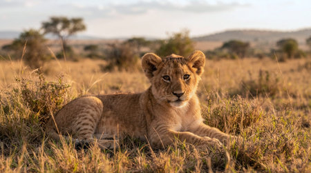 Lion cub lying in the grass in Maasai Mara National Park in Kenya