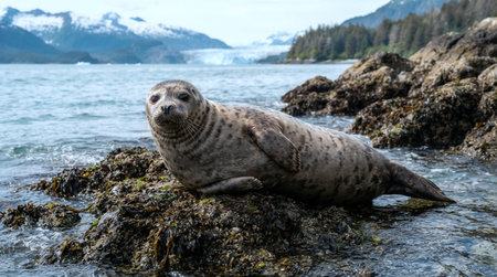 seal resting on a rock in the water, Antarctic Peninsula, Antarctica