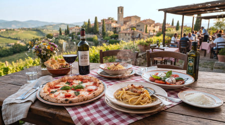 Italian pizza served on a table in a restaurant in Tuscany, Italy