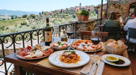 Traditional italian food served on terrace in Tuscany, Italy