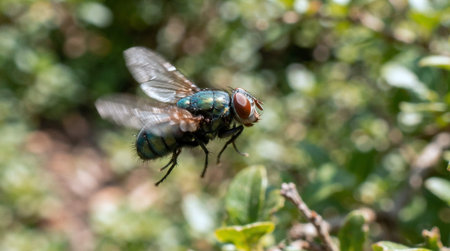 Fly on a green leaf in the garden. Shallow depth of field.