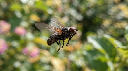 fly on a flower in the garden. macro photo of a fly