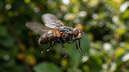 Close-up of a fly on a green leaf in the garden