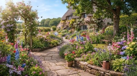 Beautiful flowers in the garden of a country house in summer.