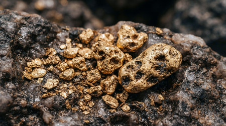 Macro shot of a group of gold nuggets on a black volcanic rock