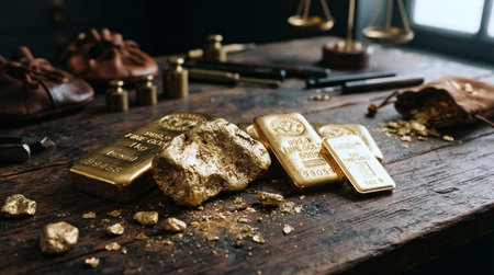 Gold bars and gold ingots on a wooden table in the office