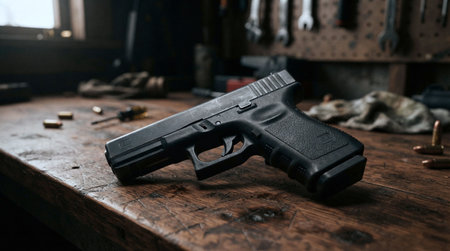Pistol on a wooden table in a garage. Selective focus.