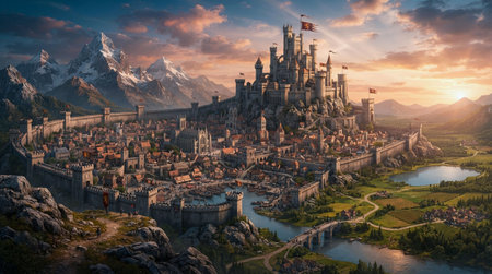 Fantasy landscape with medieval castle in the mountains. 3d rendering