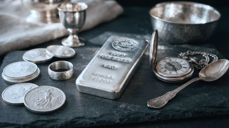 Vintage silver ingots and silverware on a black background.