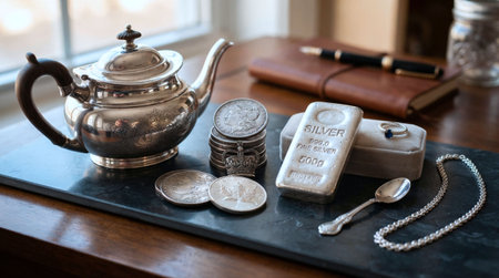 Antique silver teapot and silver coins on the table.