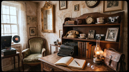 Vintage interior of an old house with an old typewriter, books and other items
