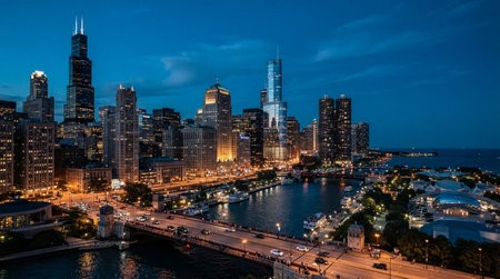 Chicago downtown skyline at night, Illinois, United States of America.