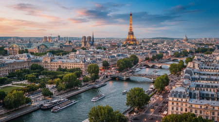 Panoramic view of Paris and Eiffel Tower at sunset, France