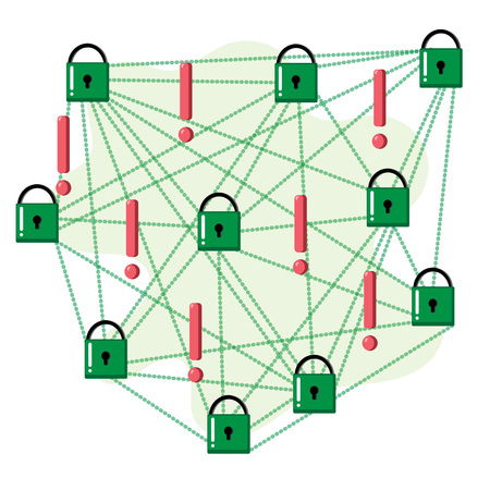 Vector mobile data cyber security icons shield lock protecting smartphone and exclamation points in flat style for poster, banner, logo, website.のイラスト素材