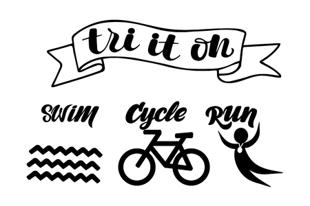 Triathlon hand drawn lettering, quote: Swim strong, Cycle fast, Run to win. For motivation poster, banner, logo, icon. For sport club, triathlon team outdoor event presentationのイラスト素材