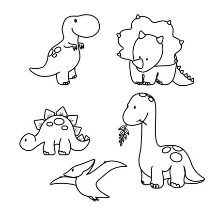 Dinosaur icons in flat style for designing dino party, children holiday, dinosaurus related materials. For card, poster, banner, logo, icon. Jurassic park theme.のイラスト素材