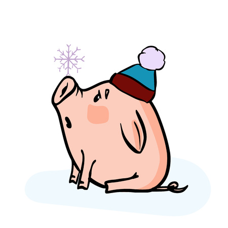 Vector hand drawn doodle illustration of new year winter piglet in a hat with a snowflake and 2019 number. For new year, chenese new year and christmas greeting card, poster, banner, logo.のイラスト素材