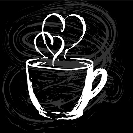 Cup of hot tea or coffee with hearts around it vintage greeting card, invitation, poster, bannre, logo. Coffee or tea shop, cafe, restaurant advetisement or menuのイラスト素材