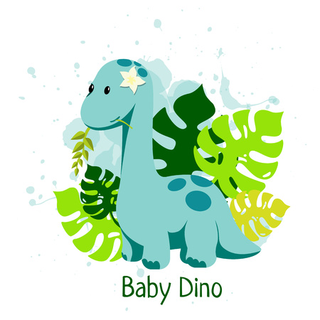 Baby Dino illustration in flat style with diplodocus, monstera leafs and water splashes for kids club or children event promo, poster, banner, logo, icon, birthday party invitation, photo frame, bookのイラスト素材