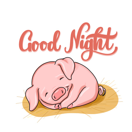 Good night hand lettering with sleeping baby pig cartoon illustration for poster, banner, logo, promo. Sleep expert or children book or kid club pajama party. Piglet for christmas card, symbol of 2019のイラスト素材