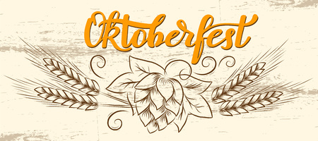 Munich Beer Festival Oktoberfest handwritten text with line art illustration of wheat heads and hop cones on wooden texture background. Poster, banner, logo, website, printing for beer partyのイラスト素材