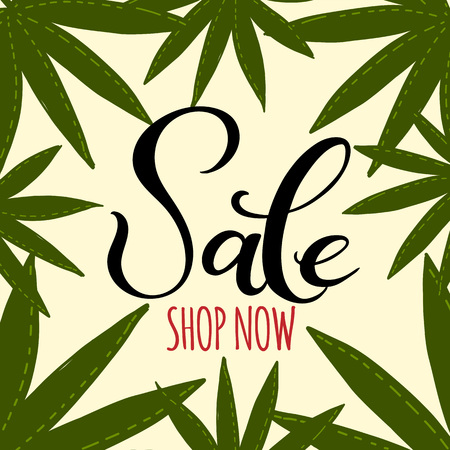 Hand drawn text Sale and sketch style tropical palm tree leafs. Promo poster, banner, logo. Summer special offer designのイラスト素材