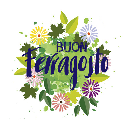 Buon ferragosto italian summer festival hand lettering. Translation Happy ferragosto . For poster, banner, logo, icon, promo, celebration issues. Colourful concept for august holiday in Italy.のイラスト素材