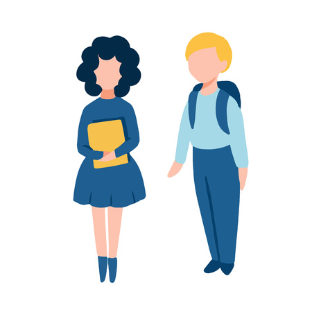Back to school flat illustration with two school children - boy with backpack and girl with books in hands. For September 1 day or starting new academic year poster, banner, logo, printingのイラスト素材