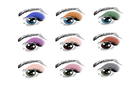 Vector outline eyes with brows, eye lashes and eye shadows for poster, banner, logo, icon. Template for testing makeup colors, any business concept, makeup artist, beauty salon, cosmetic label, visageのイラスト素材