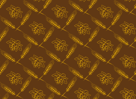 Hand drawn hop cones and wheat heads outline illustration. Hops and wheat frame for poster, banner, logo, icon, template. For beer party, thanksgiving day, craft beer producer, beer festivalの写真素材