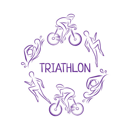 Triathlon hand drawn outline icons set for sport event or marathon or competition or triathlon team or club materials, check list, invitation, poster, banner, logo. Swim, bike, run icons and letteringのイラスト素材