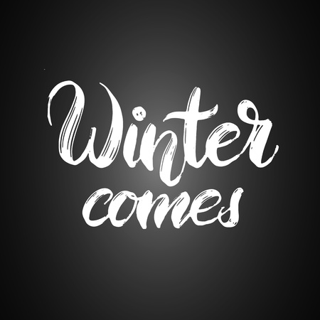 Winter hand drawn brush lettering. Quote Winter comes. Elegant brush calligraphy. Modern design for poster, banner, logo, icon, seasonal sales, promo. On black background.のイラスト素材