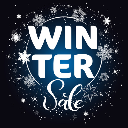 Winter seasonal sale template for banner, poster, promo, printing. Snowflakes concept for new year, christmas, winter discounts in shops or markets. Hand drawn lettering Sale, modern calligraphy.のイラスト素材