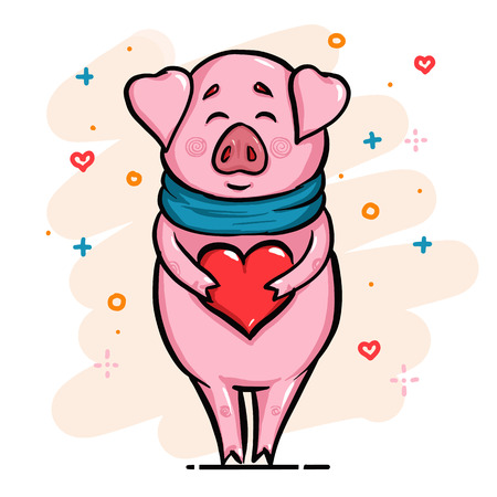 Happy pig with scarf and heart in hands for Chinese new year or Christmas or Valentines love day greeting card, holiday poster, bright banner, logo, icon. Smiling cartoon piglet for winter vibes cardのイラスト素材