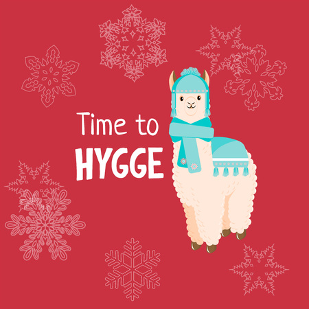 Cute llama or alpaca flat characters for nursery design, poster, banner, logo, icon, greeting card, sticker. Baby llama or little alpaca for wool producer. Cartoon wild animal in scarf and pomponsのイラスト素材