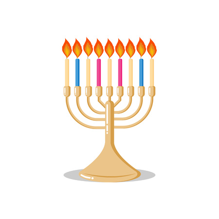 Flat style icon of menorah with candles - jewish traditional candelabra - for Hanukkah or any religious holidays designing for poster, banner, logo, icon, greeting card, invitation. Judaism sign.のイラスト素材