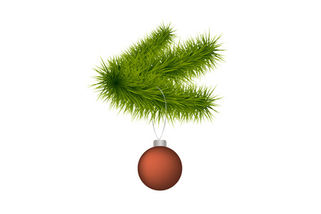 Decoration elements realistic fir branches with christmas glass ball for designing holiday poster, banner, logo, icon, invitation or greeting card for Christmas and new year decor, isolated.のイラスト素材