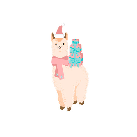 Christmas greeting card with cute llama or alpaca holding gift boxes, hand drawn lettering Merry Christmas for New Year, Christmas, Chinese holiday design - poster, banner, logo, icon, post card.のイラスト素材