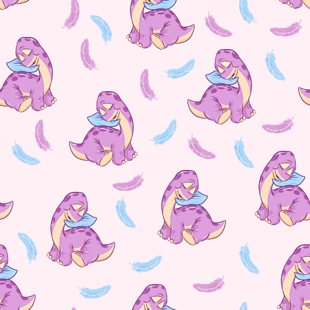 Sleeping baby dino with pillow seamless pattern. Hand drawn illustration of small dinosaur. For poster, banner, logo, icon, greeting card. For nursery, print. Brontosaurus sleeps on pillow.の写真素材